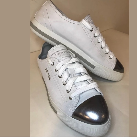 silver metallic prada sneakers